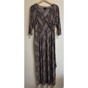 Faux Wrap Midi Dress Geometric Print Stretch ¾ Sleeve En Focus Women’s Size 8